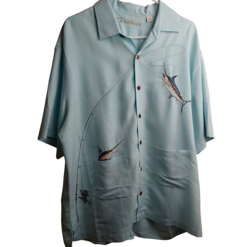 Caribbean Mens XL Light Blue Marlin Fishing Embroidered Camp Shirt Button Down